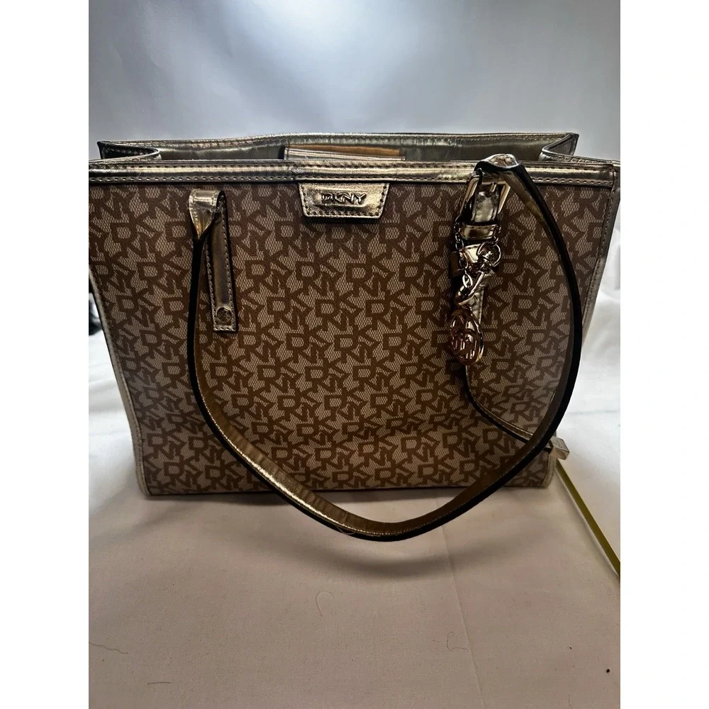 DKNY Repeat Gold Tote Bag Purse Beige w/ Brown Monogram in excellent cond 1990's